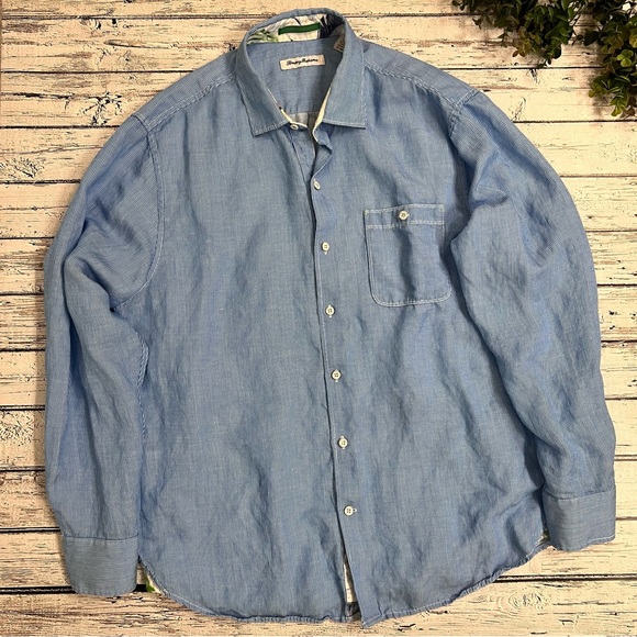Tommy Bahama Casual Linen Blend Long Sleeve Button Up Blue White Stripes size L - Picture 3 of 11